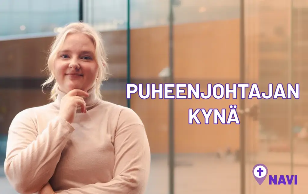 Puheenjohtaja Ilona poseeraa kaupunkitaustan edessä. Kuvan päällä teksti Puheenjohtajan kynä. Alakulmassa NAVI-ryhmän logo.