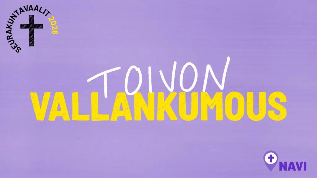 Vaaleanvioletilla pohjalla teksti "toivon vallankumous". Yläkulmassa logo, jonka keskellä on käsin piirretty risti, ja sen ympärillä teksti "seurakuntavaalit 2026". Kuvan alakulmassa NAVI-ryhmän logo.